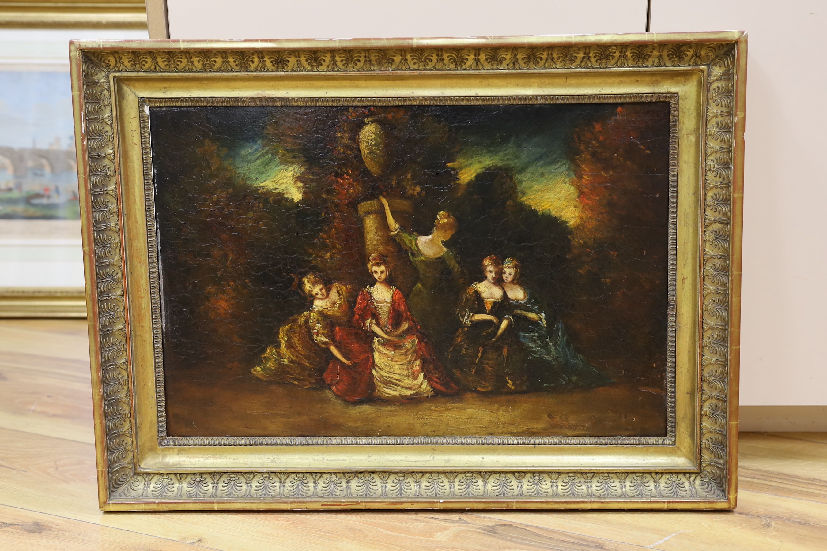 Continental School, oil on board, Ladies in parkland, 36 x 55cm